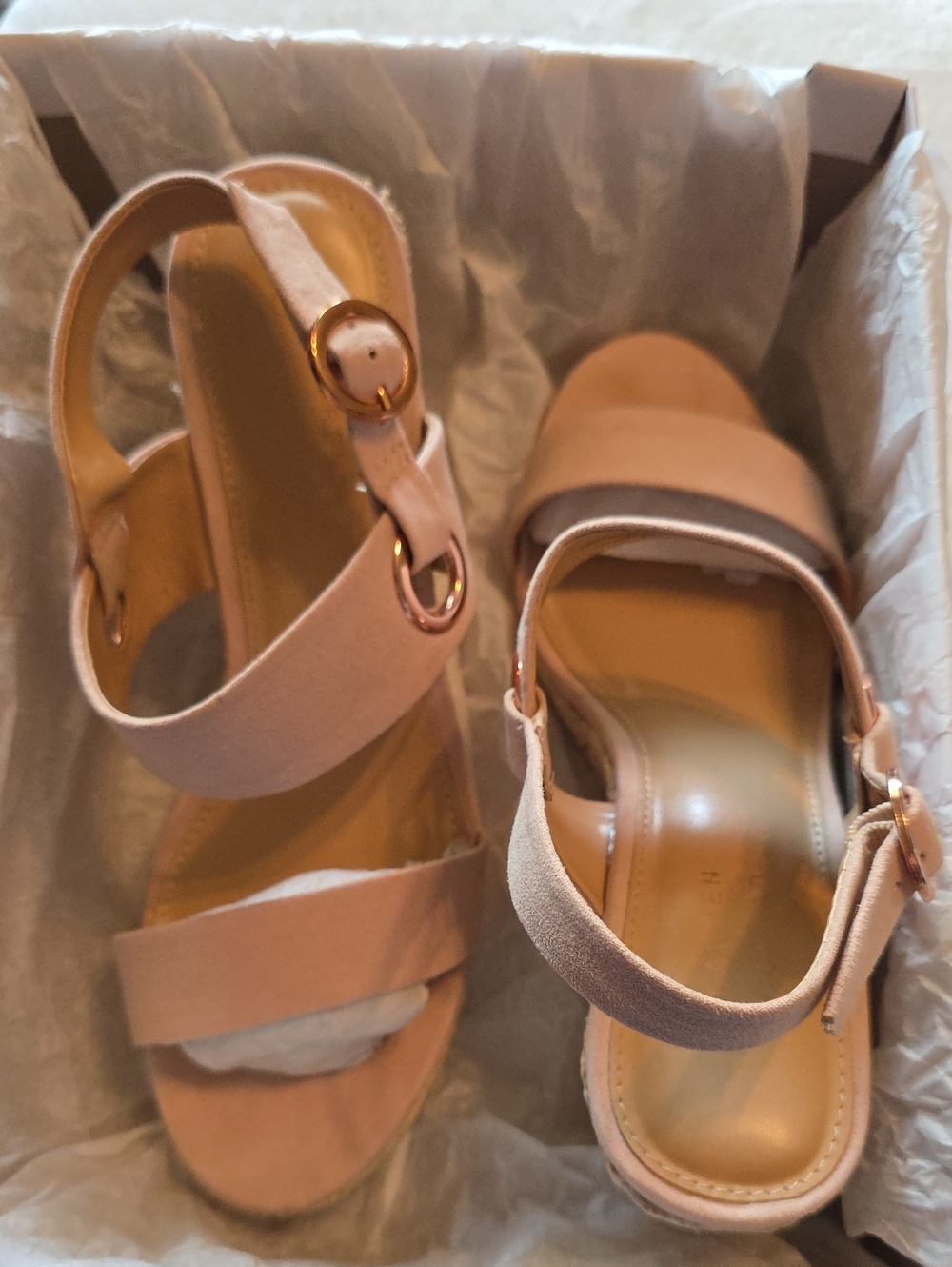 LC Lauren Conrad Nude/Tan Espadrille Wedge Sandals with Gold Buckles